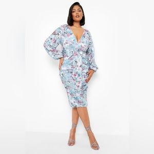 PLUS FLORAL SEQUIN PUFF SLEEVE MIDI DRESS, Size 18 (2X)